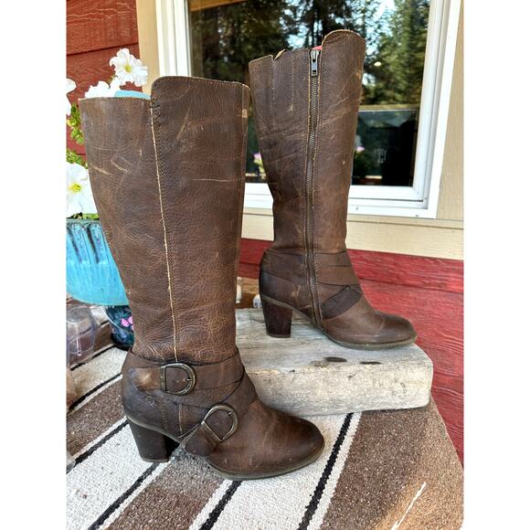 Born Leather Heeled Riding Boots Womens 8.5 / 40 Distressed Western Tall Harness - Picture 1 of 16